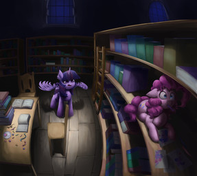 annoyed book confetti duo female feral horn ladder library mouth_hold pencil_(object) window wings yenne_sistint friendship_is_magic hasbro my_little_pony mythology pinkie_pie_(mlp) twilight_sparkle_(mlp) earth_pony equid equine horse mammal mythological_creature mythological_equine pony winged_unicorn absurd_res hi_res