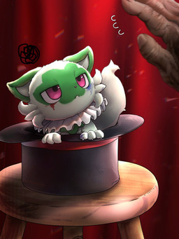 ambiguous_gender annoyed claws clothing desk duo feral feral_focus fingers fur furniture green_body green_fur hat headgear headwear magician_hat quadruped table tail mimideu64931 nintendo pokemon felid feline generation_9_pokemon human mammal pokemon_(species) sprigatito 2026 3:4 hi_res