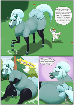 anthro butt_crush crush dominant dominant_female duo facesitting female feral sitting sitting_on_another size_difference smothering tail text toony aplastante centaurworld netflix horse_(centaurworld) equid equine horse mammal absurd_res comic english_text hi_res