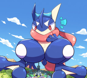 ambiguous_gender blue_body blue_skin bodily_fluids building city cloud crouching day emanata feet giga looking_down lumiose_city macro membrane_(anatomy) mountain outside plant prism_tower pupils red_eyes solo sweat text toes tower tree webbed_feet webbed_hands white_pupils listrymistery nintendo pokemon generation_6_pokemon greninja pokemon_(species) 2024 artist_name hi_res