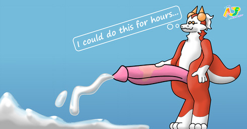 animal_genitalia animal_penis anthro big_penis bodily_fluids canine_genitalia canine_penis cum ejaculation excessive_cum excessive_genital_fluids eyebrows eyes_closed fur genital_fluids genitals hair horn huge_penis hyper hyper_genitalia hyper_penis male masturbation orange_eyebrows orange_horn penis pink_penis ponytail red_body red_fur simple_background text thought_bubble white_body white_fur a_slime_psycho mythology soap_(a_slime_psycho) dragon furred_dragon furred_scalie mythological_creature mythological_scalie scalie hi_res