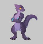 ambiguous_gender anthro belly black_claws claws featureless_chest featureless_crotch no_sclera purple_body purple_scales scales simple_background solo tail tailbutt thick_tail wide_crotch yellow_eyes dinkysaurus nil kobold scalie 2023 artist_name hi_res signature watermark