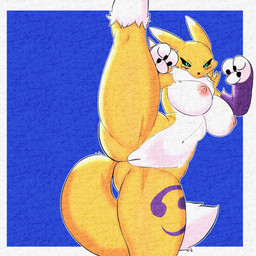 anthro blue_eyes breasts butt female fighting_pose flexible genitals kick looking_at_viewer mature_anthro mature_female one_leg_up pose raised_leg solo splits spread_legs spreading standing tail vertical_splits vulva yellow_body kitsukaelkami bandai_namco digimon canid canine digimon_(species) mammal renamon 1:1 absurd_res hi_res