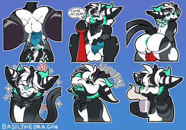 anthro anus beverage butt clothing coffee coffee_mug expressions genitals horn jockstrap leash leash_pull male penis presenting presenting_hindquarters smile solo sticker sticker_pack tail text underwear basilthedragon mythology dragon mythological_creature mythological_scalie scalie 2024 colored english_text signature