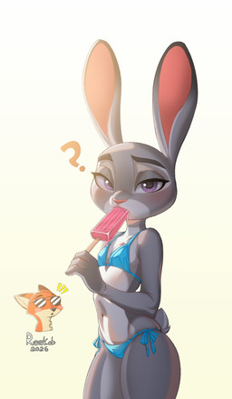 anthro bikini breasts clothed clothing dessert duo female female_anthro food fur holding_food holding_object ice_cream looking_at_viewer male male/female male_anthro popsicle scut_tail short_tail small_breasts swimwear tail two-piece_swimsuit wide_hips reekob disney zootopia judy_hopps nick_wilde canid canine european_rabbit fox lagomorph leporid mammal oryctolagus rabbit red_fox true_fox 2026 hi_res signature