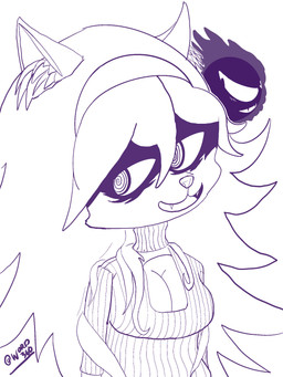 accessory anthro big_breasts breasts cleavage cleavage_cutout clothed clothing cutout dress duo fangs female hair hair_accessory hair_over_shoulder hairband inner_ear_fluff kemono long_hair looking_at_viewer male shortstack smile smiling_at_viewer spiral spiral_eyes sweater teeth topwear tuft turtleneck drow462 nintendo pokemon hex_maniac hex_nyaniac_(word360) felid feline gastly generation_1_pokemon ghost mammal pokemon_(species) spirit 3:4 hi_res monochrome purple_and_white