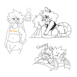 anthro bulge clothing duo female femboy hooters_uniform male male/female sleeping thick_thighs underwear ramenoodlz femboy_hooters hooters guy_(ramenoodlz) kubi_(ramenoodlz) humanoid lagomorph leporid mammal murid murine rabbit rat rodent 1:1 sketch