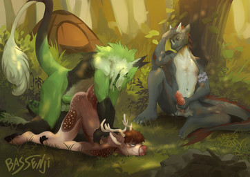 4_toes anal anal_penetration anthro anthro_on_anthro anthro_penetrated anthro_penetrating anthro_penetrating_anthro ass_up being_watched camping claws dappled_light digitigrade dominant dominant_male feet forest genitals grin group hooves horn looking_at_another looking_pleasured male male/male male_penetrated male_penetrating male_penetrating_male masturbation outside penetration penile penile_masturbation penile_penetration penis pinned pinned_to_ground plant plantigrade predator/prey scut_tail sex short_tail smile submissive submissive_male tail toe_claws toes tongue tongue_out tree unguligrade waiting bassenji mythology rufus_howell deer dragon mammal mythological_creature mythological_scalie scalie sergal digital_media_(artwork) digital_painting_(artwork) hi_res painting_(artwork)