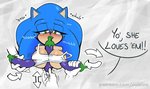 anthro big_breasts blush bodily_fluids breasts crossgender dialogue disembodied_hand eggplant female food fruit group nipples plant tears text missphase sega sonic_the_hedgehog_(series) sonic_the_hedgehog english_text