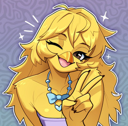 anthro beak blonde_hair breasts clothing feathers female hair jewelry looking_at_viewer necklace non-mammal_breasts one_eye_closed open_beak open_mouth simple_background smile solo topwear tube_top wink winking_at_viewer yellow_body yellow_feathers budoti avian bird absurd_res headshot_portrait hi_res portrait