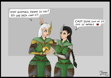 armor black_border black_hair blue_eyes border braided_pigtails duo female green_eyes hair jewelry orb pendant pointy_ears speech_bubble text white_hair gamal mythology warhammer_(franchise) warhammer_fantasy arahan naestra asrai elf humanoid mythological_creature wood_elf english_text hi_res