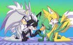 anthro anthro_on_anthro anthro_penetrated anthro_penetrating anthro_penetrating_anthro anthro_penetrating_male balls bed black_body black_fur blue_eyes blush eye_scar facial_scar feathers from_behind_position fur furniture genitals green_body green_feathers grey_body grey_fur group group_sex hair hand_holding humanoid_genitalia humanoid_penis male male/male male_anthro male_penetrated male_penetrating male_penetrating_anthro male_penetrating_male multi_tail on_bed parallel_sex penetration penis reach_around scar sex tail white_body white_fur white_hair yellow_body yellow_eyes yellow_fur angelofhapiness sega sonic_forces sonic_riders sonic_the_hedgehog_(series) infinite_(sonic) jet_the_hawk miles_prower silver_the_hedgehog accipitrid accipitriform avian bird canid canine canis eulipotyphlan fox hedgehog jackal mammal