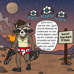 anthro blaster briefs clothing desert ear_piercing ear_ring fire gun humiliation male mohawk moon piercing planet public public_humiliation ranged_weapon ring_piercing rock shirt smoke solo space sweat_stain text tighty_whities topwear undershirt underwear walk_of_shame weapon white_briefs white_clothing white_underwear texaskingofthegeeks guardians_of_the_galaxy marvel rocket_raccoon mammal procyonid raccoon 1:1 english_text hi_res