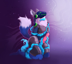 animal_genitalia animal_penis anthro big_penis blue_body blue_fur blush blush_lines bodily_fluids canine_genitalia canine_penis cum cumshot dipstick_tail ejaculation erection fur genital_fluids genitals inner_ear_fluff kneeling knot knotted_penis looking_pleasured machine male markings penis pink_penis protogen_armor restrained restrained_by_tentacles sex smile solo tail tail_markings tentacle_sex tentaclejob tentacles tuft white_body white_fur benzimit protogen 2025 colored digital_drawing_(artwork) digital_media_(artwork) hi_res shaded