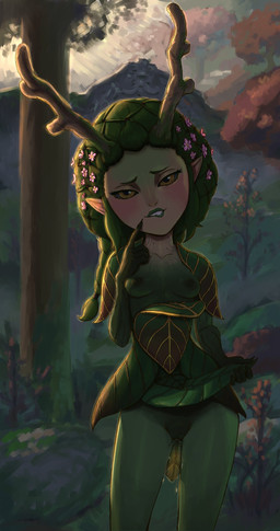 accessory antlers areola aroused bedroom_eyes big_head bite biting_lip biting_own_lip blue_sclera blush bodily_fluids bottomwear breasts clothed clothing clothing_lift detailed_background dripping exposed_breasts female finger_to_mouth flower flower_in_hair front_view genital_fluids genitals green_body green_hair green_lips green_nipples green_skin green_veins green_vulva hair hair_accessory horn humanoid_pointy_ears leaf_clothing leaf_dress leaf_skirt lips mountain narrowed_eyes nipples orange_eyes outside pink_flower plant pointy_ears ponytail presenting presenting_vulva seductive self_bite skirt skirt_lift small_breasts small_waist solo standing sunset tied_hair tree upskirt vaginal_fluid_drip vaginal_fluids vulva wide_hips pears_(artist) trollhunters nari_(trollhunters) demigod elemental_creature elemental_humanoid flora_fauna humanoid plant_humanoid 2021 absurd_res digital_media_(artwork) digital_painting_(artwork) hi_res painting_(artwork) portrait three-quarter_portrait