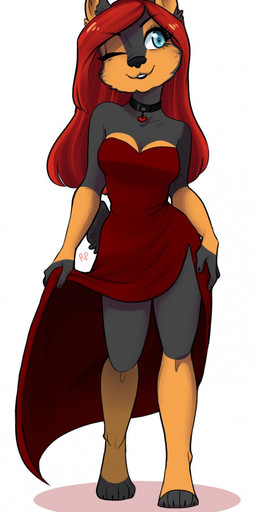 anthro big_eyes choker clothed clothing cocked_hip collar female jewelry necklace one_eye_closed smile solo standing teeth redpixie canid canine mammal hi_res