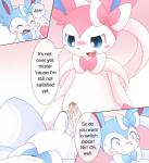 anthro balls blush bodily_fluids comic cum cum_in_mouth cum_inside dialogue duo eeveelution english_text erection fangs foreskin generation_6_pokemon genital_fluids genitals hi_res humanoid_genitalia humanoid_penis imminent_sex km-15 male male/male nintendo open_mouth partially_retracted_foreskin penis pokemon pokemon_(species) pushing shiny_pokemon simple_background sylveon tears teeth text