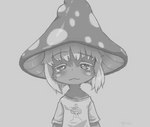 ambiguous_gender anthro clothing fungus fur grey_background hair hat headgear headwear mushroom mushroom_cap mushroom_hat shirt simple_background solo t-shirt topwear whiskers buneposter made_in_abyss meme_clothing nanachi shroomjak wojak narehate black_and_white greyscale meme monochrome