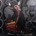 anthro black_clothing black_topwear bottomwear clothing facial_piercing graffiti male nose_piercing pants piercing red_bottomwear red_clothing red_pants smile solo topwear wall_(structure) angiewolf canid canine mammal 1:1 2022 digital_media_(artwork) hi_res