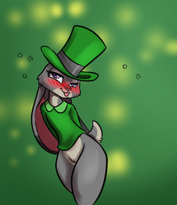 anthro blush bottomless clothed clothing drunk female genitals hands_behind_back hat headgear headwear holidays looking_at_viewer purple_eyes simple_background solo substance_intoxication thick_thighs tongue tongue_out vulva alorix disney st._patrick's_day zootopia judy_hopps lagomorph leporid mammal rabbit 2016
