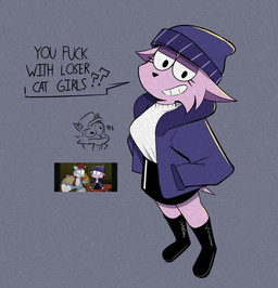 adolescent anthro beanie bedroom_eyes boots bottomwear breasts clothing female footwear hat headgear headwear jacket looking_at_viewer narrowed_eyes purple_clothing rennip seductive shoes short_tail skirt small_breasts small_tail smile smiling_at_viewer solo tail topwear young young_anthro young_female catching_up angie_(catching_up) clay_(catching_up) felid feline felis mammal 2025