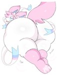 ambiguous_gender anthro big_butt blep border butt huge_butt looking_at_viewer lying motion_lines on_front overweight overweight_ambiguous overweight_anthro pawpads paws simple_background solo text thick_thighs tongue tongue_out white_border fennecbutts nintendo pokemon eeveelution generation_6_pokemon pokemon_(species) sylveon 2022 digital_drawing_(artwork) digital_media_(artwork) hi_res