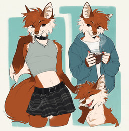 5_fingers anthro bottomwear brown_markings brown_nose cheek_tuft claws clothed clothed_male clothing collar container crossdressing_male cup dipstick_tail eyes_closed facial_tuft femboy fingers fully_clothed fully_clothed_male fur hair holding_container holding_cup holding_object inner_ear_fluff looking_away male male_anthro markings mouth_closed multiple_outfits multiple_poses open_clothing open_mouth open_topwear pose shirt short_hair skirt smile snout solo tail tail_markings tan_body tan_fur teeth topwear tuft brg9u canid canine fox mammal red_fox true_fox colored digital_drawing_(artwork) digital_media_(artwork) hi_res