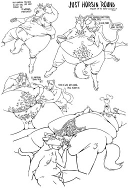 anthro armpit_hair armpit_sniffing balls belly belly_hair belly_overhang big_balls bodily_fluids body_hair bottomwear boxer_briefs burried_penis chest_hair clothing ear_piercing ear_ring fatpad fellatio genitals hooves male male/male moobs morbidly_obese morbidly_obese_male nipples obese obese_male oral overweight overweight_male pants penile penis piercing ring_piercing sex shirt size_difference slightly_chubby slob sniffing speech_bubble sweat sweatpants tank_top text topwear underwear southernyote american_opossum equid equine horse mammal marsupial absurd_res english_text hi_res monochrome