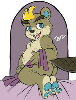 anthro bed belly blonde_hair blue_eyes brown_body brown_fur buckteeth butt fur furniture hair male nipples nude pawpads pose shortstack shortstack_male slightly_chubby solo teeth tbid animal_crossing nintendo c.j._(animal_crossing) beaver mammal rodent hi_res