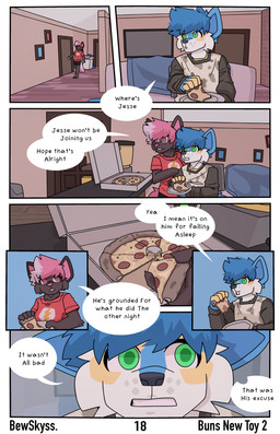 anthro blue_hair box clothing container dialogue eating female food green_eyes hair male male/female pink_eyes pink_hair pizza pizza_box red_clothing red_shirt red_topwear shirt text topwear white_body bewskyss canid canine mammal absurd_res comic english_text hi_res