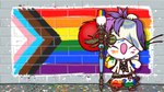 antennae_(anatomy) anthro belt bottomwear brick_wall brush clothing eyes_closed feathers footwear hat headgear headwear jacket lgbt_pride pants pom_antennae pride_colors shoes solo topwear wall_(structure) olivineperidot final_fantasy square_enix mammal moogle 16:9 hi_res widescreen