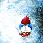 anthro blue_body blue_fur christmas_clothing christmas_headwear clothed clothing costume day eyes_closed front_view frown fur hat headgear headwear holidays machine male mouth_closed outside red_nose sack santa_costume santa_hat snow solo standing whiskers mt_tg christmas doraemon doraemon_(character) domestic_cat felid feline felis mammal robot 1:1