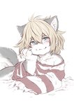 ambiguous_gender anthro arm_support bare_shoulders biped blonde_hair blue_eyes blush claws clothed clothing countershading cute_fangs fangs female female_anthro finger_claws fluffy fur grey_body grey_fur hair inner_ear_fluff kemono looking_at_viewer lying monotone_hair multicolored_body multicolored_fur on_side oversized_clothing pattern_clothing pattern_shirt pattern_topwear paws shirt simple_background smile solo striped_clothing striped_shirt striped_topwear stripes teeth topwear tuft two_tone_body two_tone_fur white_background white_body white_fur white_inner_ear white_inner_ear_fluff young young_anthro koishi_chikasa laika_(koishi_chikasa) canid canine canis domestic_dog mammal hi_res