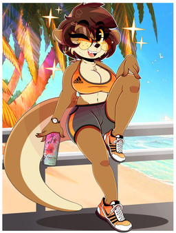 anthro arm_tuft beach beverage bodily_fluids bottomwear bra breasts chest_tuft clock clothing ear_piercing female footwear hair looking_at_viewer midriff navel one_eye_closed open_mouth open_smile outside piercing seaside shoes short_hair shorts shoulder_tuft smile sneakers solo sparkles sports_bra sweat topwear tuft underwear watch wink wristwatch wireless_shiba adidas nike pearl_aurora mammal mustelid otter 2022 absurd_res hi_res