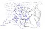 absorption_vore anthro canid canine canis clothed clothing dialogue dripping duo english_text eye_contact fox goo_creature goo_transformation lance_foxx_(artist) lancefoxx looking_at_another lying male male/male male_pred male_prey mammal on_back simple_background sketch text topless torrle transformation vore white_background wolf