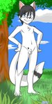 adolescent anthro balls biped black_hair blue_eyes detailed_background feet field flaccid fluffy foreskin genitals hair male nude outside paws penis plant plantigrade solo standing tree year young young_anthro gemerency cam_selic canid canine fox mammal 1:2 2019 dated digital_drawing_(artwork) digital_media_(artwork) hi_res shaded signature