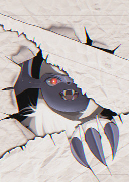 ambiguous_gender claws fangs feral fur glowing glowing_eyes horn looking_at_viewer one_eye_obstructed open_mouth paper red_eyes solo tearing teeth tongue white_body white_fur mmocc123 nintendo pokemon absol generation_3_pokemon pokemon_(species) 2025 hi_res