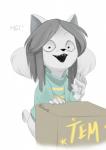 anthro bottomless clothed clothing dialogue female gesture grey_hair hair looking_at_viewer open_mouth open_smile pattern_clothing pattern_shirt pattern_topwear shirt smile solo standing straight_hair striped_clothing striped_shirt striped_topwear stripes topwear waving meammy undertale undertale_(series) temmie_(undertale) canid canine felid feline mammal tem