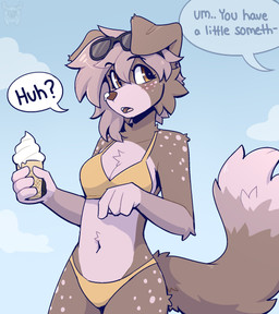 4_fingers anthro bikini blush blush_lines breasts brown_body brown_eyes brown_fur cheek_tuft chest_tuft clothing eyelashes facial_tuft female fingers floppy_ears food freckled_face freckled_hips freckled_legs freckled_shoulders freckled_thighs freckles fur holding_food holding_ice_cream_cone holding_object ice_cream_cone ice_cream_on_nose long_eyelashes looking_away medium_breasts offscreen_character open_mouth outside pink_body pink_fur sky slim solo speech_bubble spot_freckles spots spotted_face spotted_hips spotted_legs spotted_shoulders spotted_thighs swimwear tail text tuft two-piece_swimsuit yellow_bikini yellow_clothing yellow_swimwear fleurfurr canid canine canis domestic_dog mammal colored digital_drawing_(artwork) digital_media_(artwork) english_text hi_res shaded