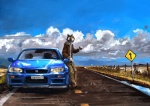 anthro car clothing cloud detailed_background male road scenery solo sports_car vehicle racoonwolf nissan nissan_gtr canid canine canis mammal wolf