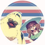 ahoge anthro belt brown_hair clothing duo eyewear female fluffy_chest fur hair hair_over_eyes hat headgear headwear long_ears long_hair male ponytail_ears sun_hat sunglasses yellow_body yellow_fur runapiero00 bandai_namco digimon digimon_ghost_game angoramon_(ghost_game) ruri_tsukiyono angoramon digimon_(species) human lagomorph leporid mammal rabbit hi_res