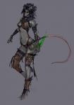 anthro assassin black_hair blade bone breasts cloth clothed clothing female fur glowing grey_background grey_body grey_fur hair harness leather leather_harness legwear piercing red_eyes scar simple_background skimpy solo stockings text throwing_knives warpstone weapon kiguri clan_sniek warhammer_(franchise) warhammer_fantasy mammal murid murine rat rodent skaven absurd_res english_text hi_res