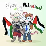 anthro bow_tie brown_body brown_fur cute_fangs duo eyewear fangs feral flag flag_(object) fur glasses green_eyes happy holding_flag holding_object male mouse_tail nerd palestinian_flag plant politics tan_body tan_fur teeth wearing_glasses kerberos_(artist) israeli-palestinian_conflict avian bird canid canine canis columbid dove mammal mouse murid murine rodent wolf hi_res