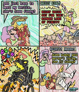 aloha_shirt bone bottomwear burning clothing dialogue female flip_flops floppy_ears footwear fur green_hair group hair half-closed_eyes humor laugh lava male miniskirt narrowed_eyes pattern_clothing pattern_shirt pattern_topwear pink_body pink_fur purple_hair sandals shirt shoes shorts skeleton skirt speech_bubble tank_top text topwear trio yellow_body yellow_fur rawdawgcomics stahli_(rawdawgcomics) bird_dog canid canine canis domestic_dog golden_retriever hunting_dog mammal retriever english_text hi_res