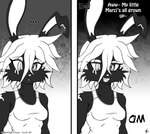 anthro breasts buckteeth clothing content_repetition duo female hair notched_ear open_mouth scar shirt solo teeth text topwear two_panel_image viroveteruscy if_hell_had_a_taste blake_sinclair lagomorph leporid mammal rabbit 2016 comic english_text hi_res monochrome