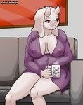 anthro areola babydoll beverage big_breasts breasts clothed clothing female floppy_ears front_view furniture holding_beverage holding_object horn inside lingerie looking_aside mature_female navel nightgown nipples red_eyes sleepwear slightly_chubby slightly_chubby_female smile sofa solo steam text thick_thighs translucent translucent_clothing darkadibuja undertale_(series) toriel bovid caprine goat mammal absurd_res colored digital_media_(artwork) english_text hi_res