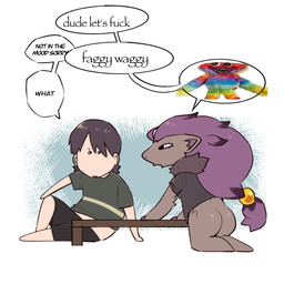 anthro butt clothed clothing dialogue duo female furniture homophobic_slur humor male male/female profanity slur table text svkhaiminh mob_entertainment nintendo pokemon poppy_playtime camille_(svkhaiminh) huggy_wuggy kyle_(svkhaiminh) generation_5_pokemon human mammal pokemon_(species) shiny_pokemon zoroark 1:1 english_text hi_res