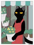 2022 ambiguous_gender anthro apron black_body clothed clothing domestic_cat felid feline felis flower hi_res mammal plant plant_pot solo tail urushi_(yorozumaru) whiskers yellow_eyes yorozumaru