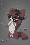 anthro arm_cuffs balls bdsm black_nose blue_eyes bondage bound brown_body brown_fur brown_tail chain chained chastity_cage chastity_device countershade_face countershade_torso countershading cuff_(restraint) eyebrows fur genital_leash genitals gloves_(marking) grey_body grey_fur hands_behind_head horn leash leather leather_cuffs looking_at_viewer male markings navel nipples penis penis_leash pink_nipples questionable_consent restraints ring_(marking) ringed_tail solo striped_markings striped_tail stripes submissive submissive_male tail tail_markings white_body white_fur wrist_cuffs phrozt edward_alrik_of_ravenwood mammal procyonid raccoon 2:3 hi_res