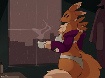 anthro armwear beverage big_breasts black_sclera blue_eyes bra breasts bridal_gauntlets clothing coffee coffee_mug ear_piercing ear_ring female fluffy fluffy_tail fur multicolored_body multicolored_fur panties piercing purple_armwear purple_bridal_gauntlets purple_clothing raining ring_piercing solo tail two_tone_body two_tone_fur underwear white_body white_fur yellow_body yellow_fur zinnick bandai_namco digimon canid digimon_(species) mammal renamon 2025 4:3 absurd_res hi_res story story_in_description
